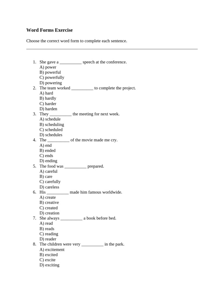 Word Forms Exercise for Language Learners | PDF | Verb | Adjective