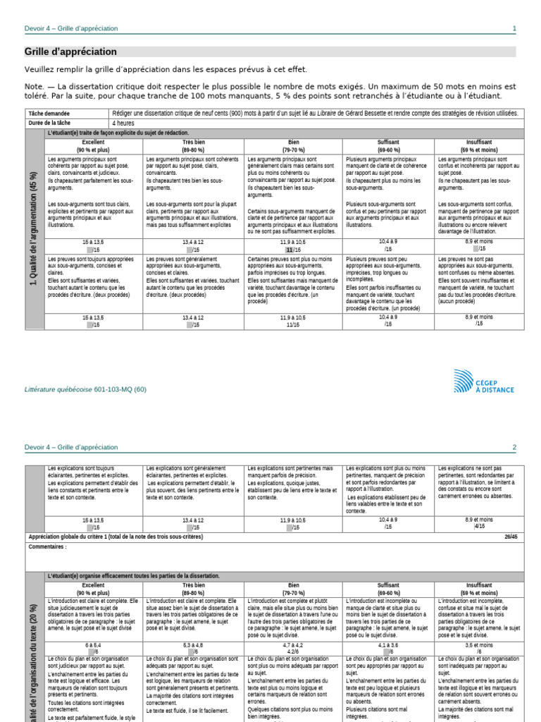 Grille d’évaluation pour dissertation critique | PDF