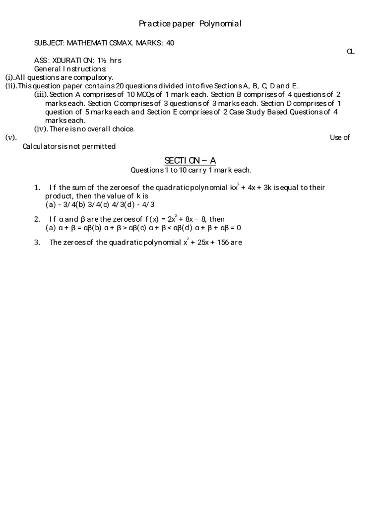 Polynomial Practice Paper for Students | PDF