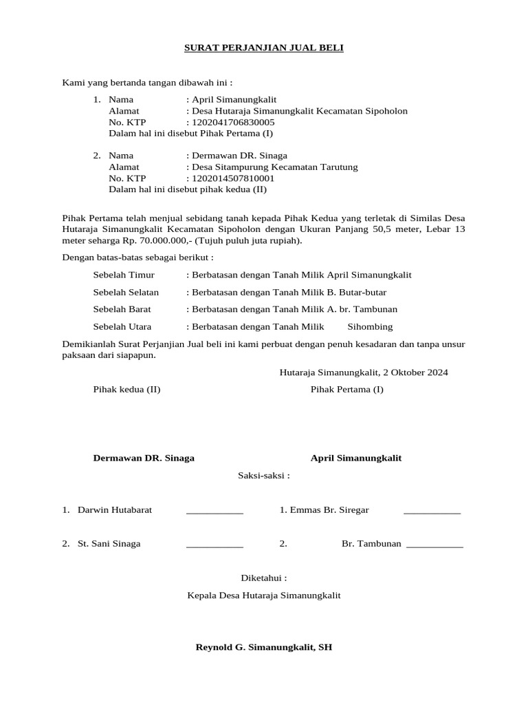 Surat Perjanjian Jual Beli Tanah Hutaraja | PDF