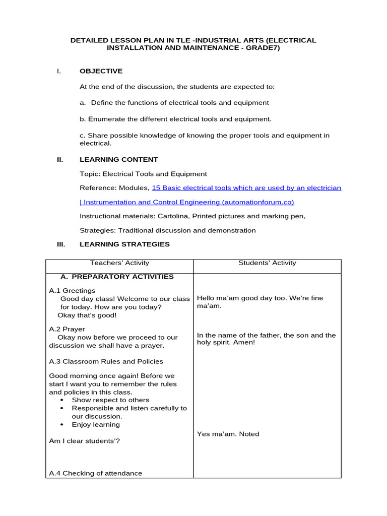 Grade 7 Electrical Tools Lesson Plan | PDF | Drill | Tools