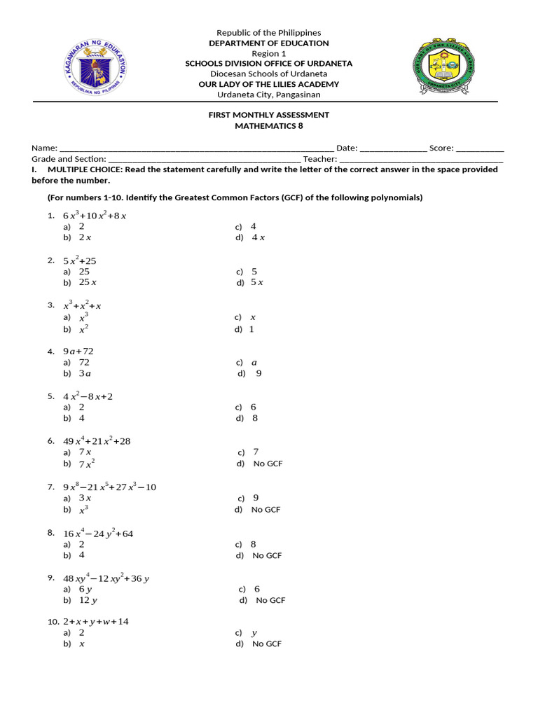 Grade 8 Exam First Quarter | PDF | Algebra | Mathematics