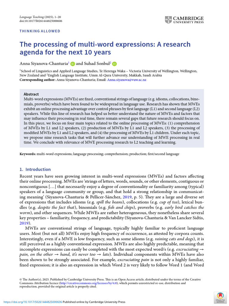 The Processing of Multi Word Expressions A Research Agenda For The Next ...