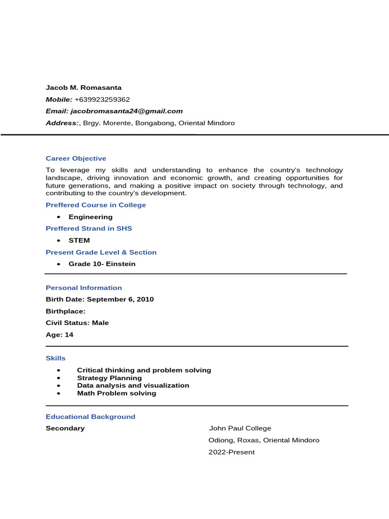 Jacob M. Romasanta Resume Overview | PDF