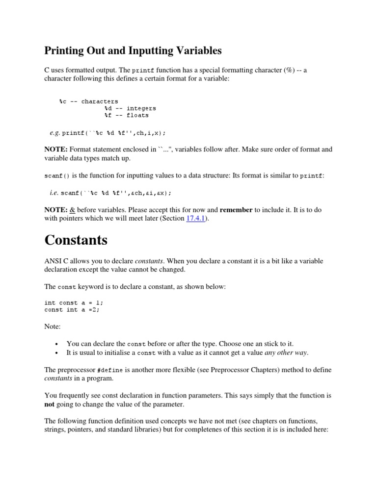 Constants: Printing Out and Inputting Variables | PDF | C (Programming ...