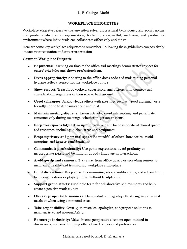 Essential Workplace Etiquettes Guide | PDF | Etiquette | Communication