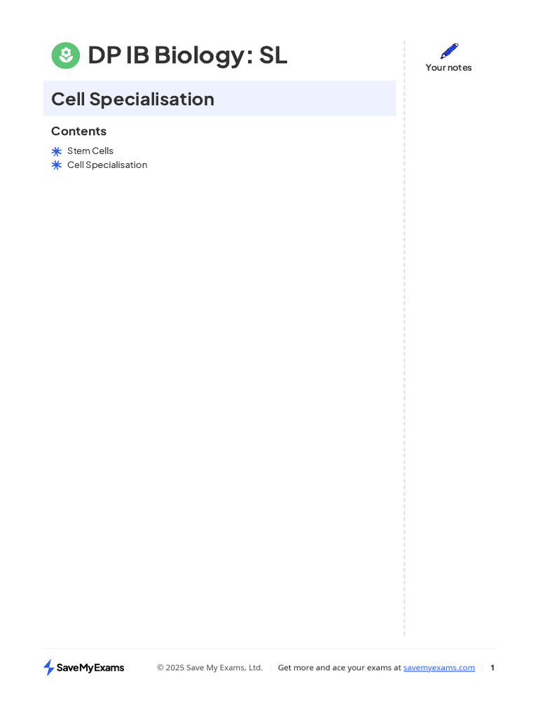 Stem Cells and Cell Specialisation Guide | PDF | Cell Potency | Stem Cell