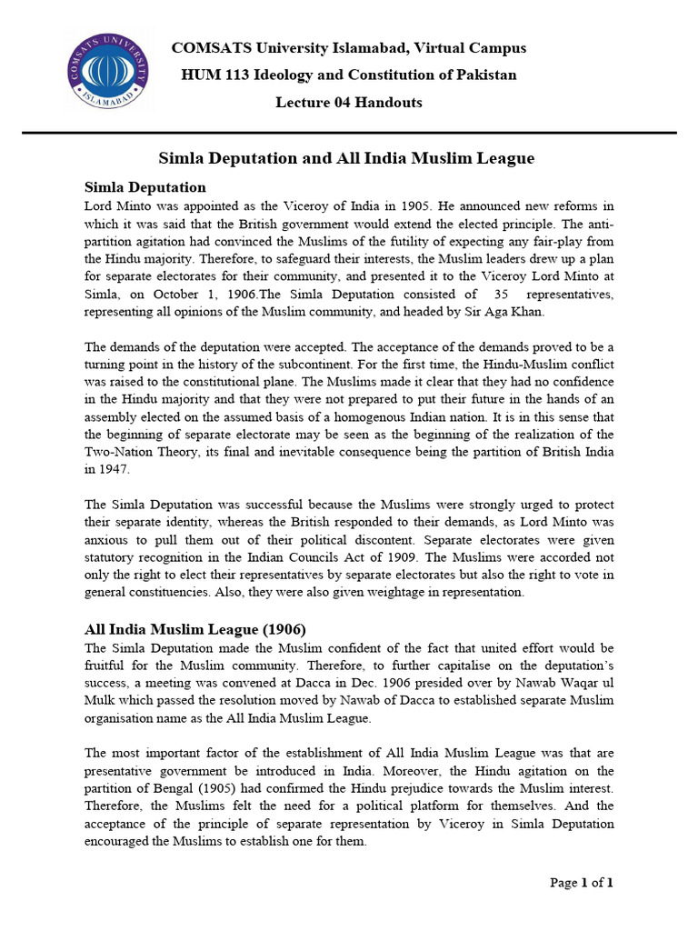Simla Deputation and Muslim League History | PDF | All India Muslim ...