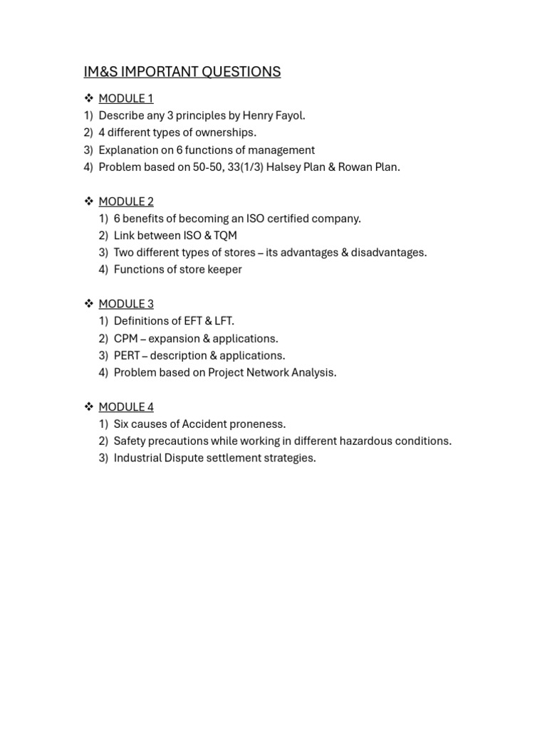 IM&S Important Topics | PDF