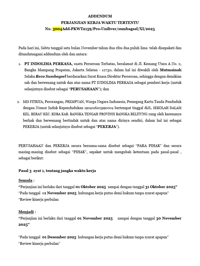 Addendum PKWT PT Indolima Perkasa | PDF