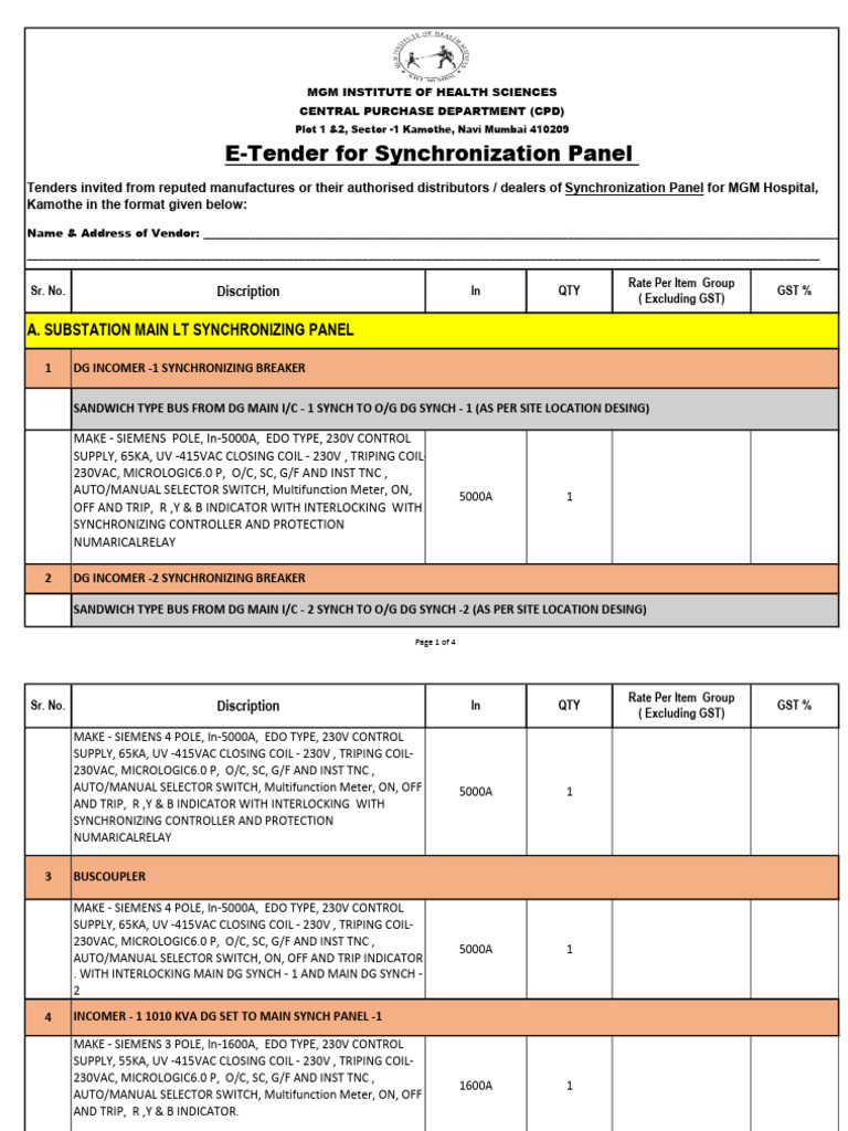E-Tender for Synchronization Panel | PDF | Electrical Engineering ...