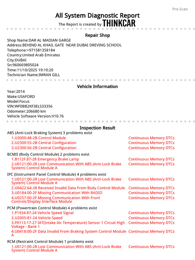 USAFORD Pre-Scan WF0BB2KF3ELS33356 All System Diagnostic Report ...