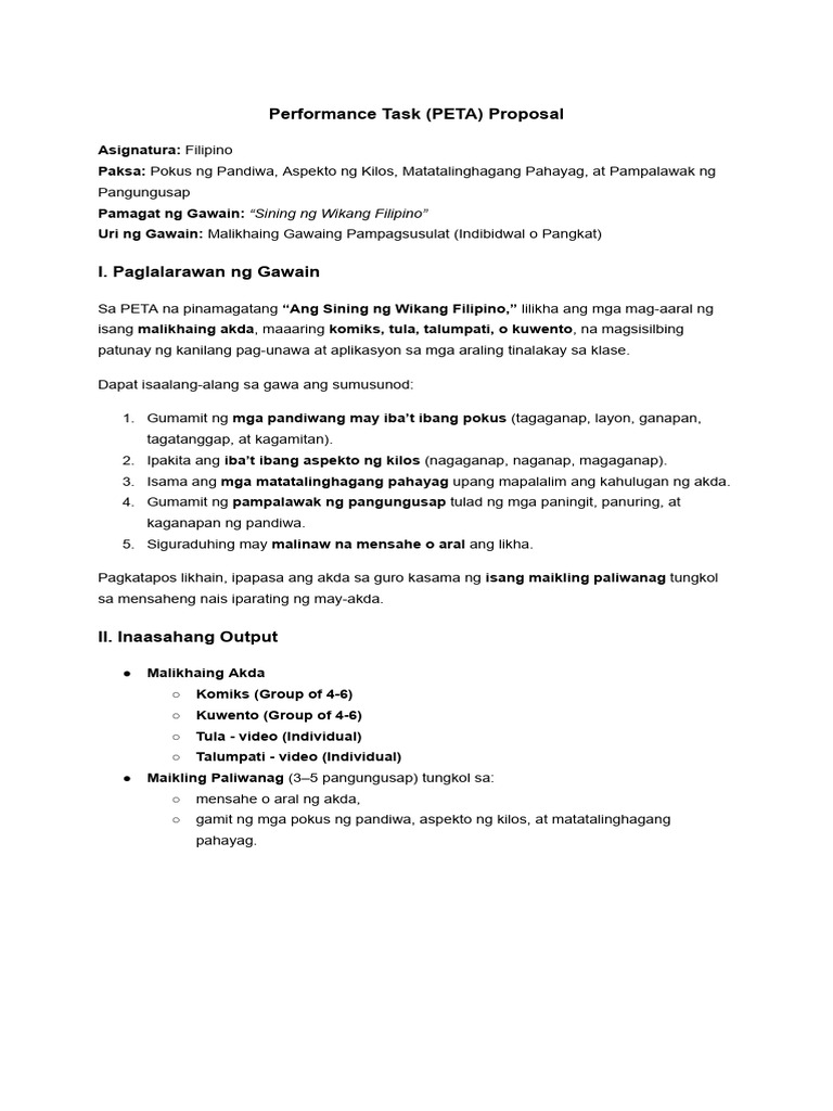 Performance Task (PETA) Proposal - Filipino | PDF