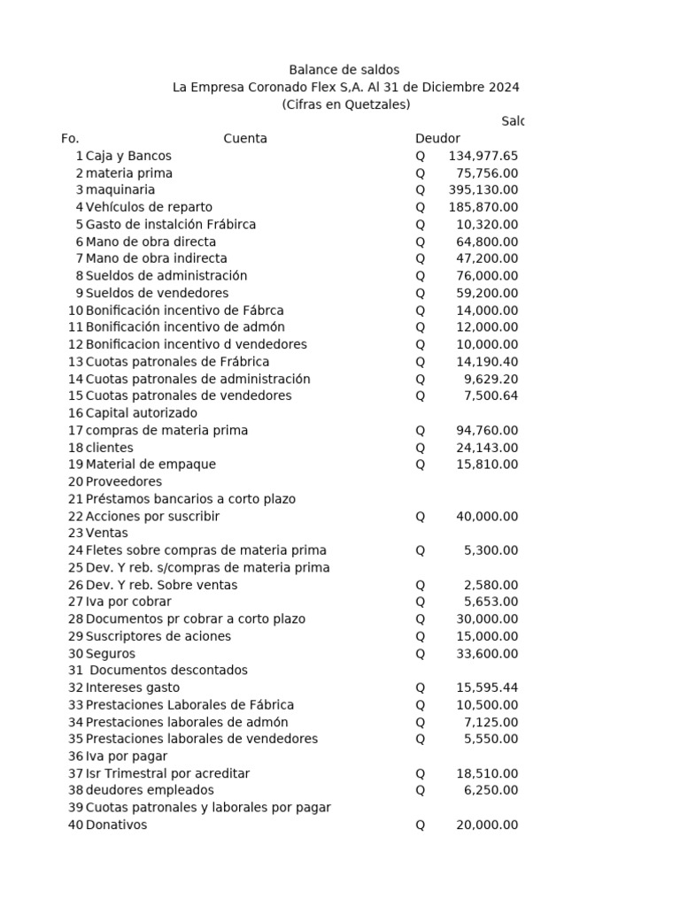 Balance de Saldos 2024 - Coronado Flex S.A. | PDF | Bancos | Contabilidad