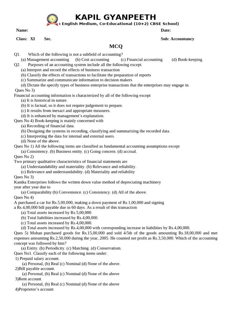 Accountancy MCQs for Class XI Students | PDF | Debits And Credits | Money
