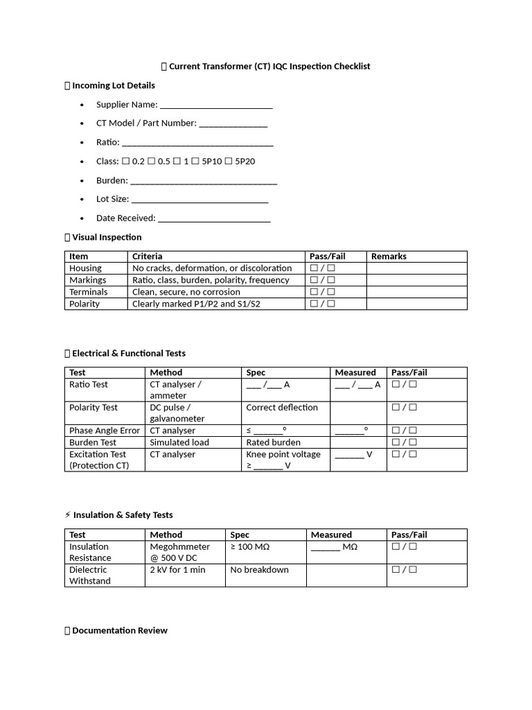 Current Transformer IQC Checklist | PDF