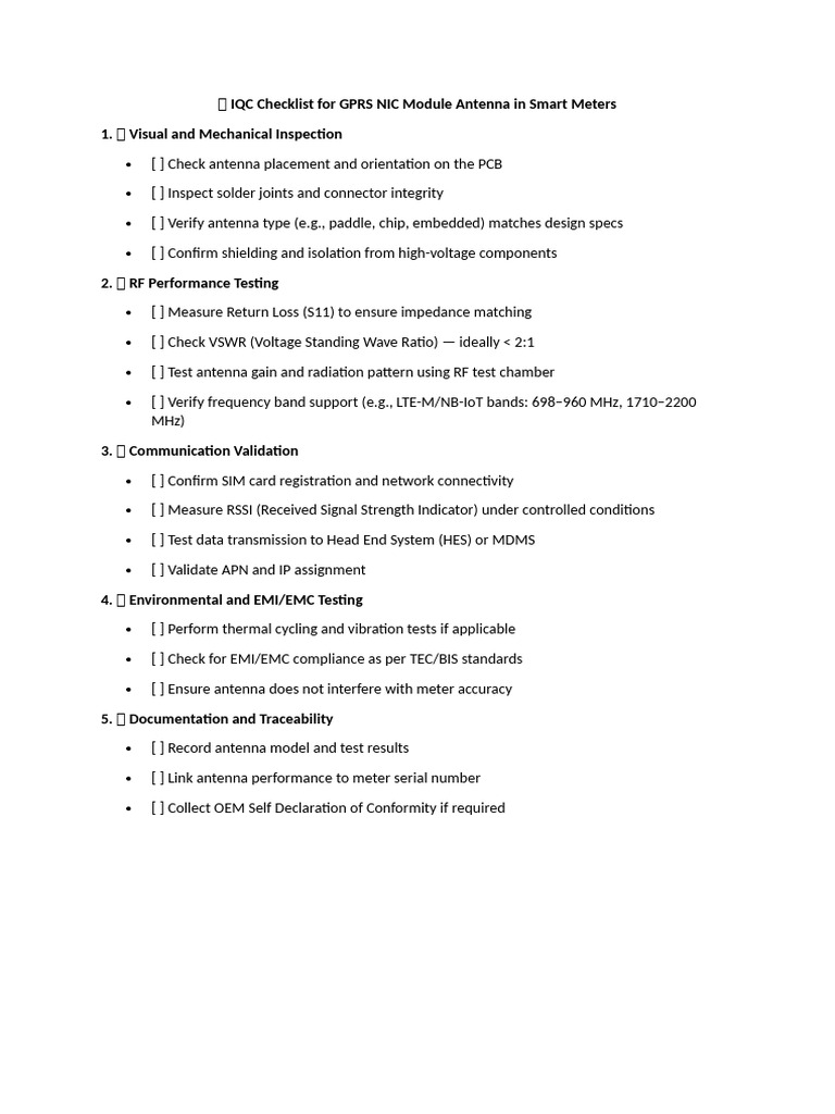 IQC Checklist For GPRS NIC Module Antenna in Smart Meters | PDF