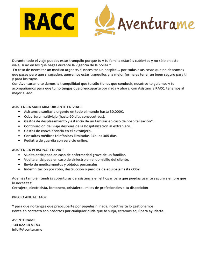 Seguro de Viaje RACC: Tranquilidad Asegurada | PDF