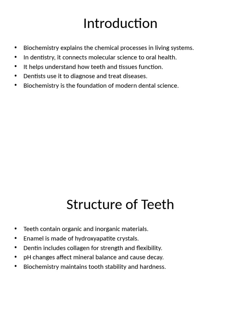 Biochemistry's Role in Dentistry | PDF | Human Tooth | Tooth Enamel