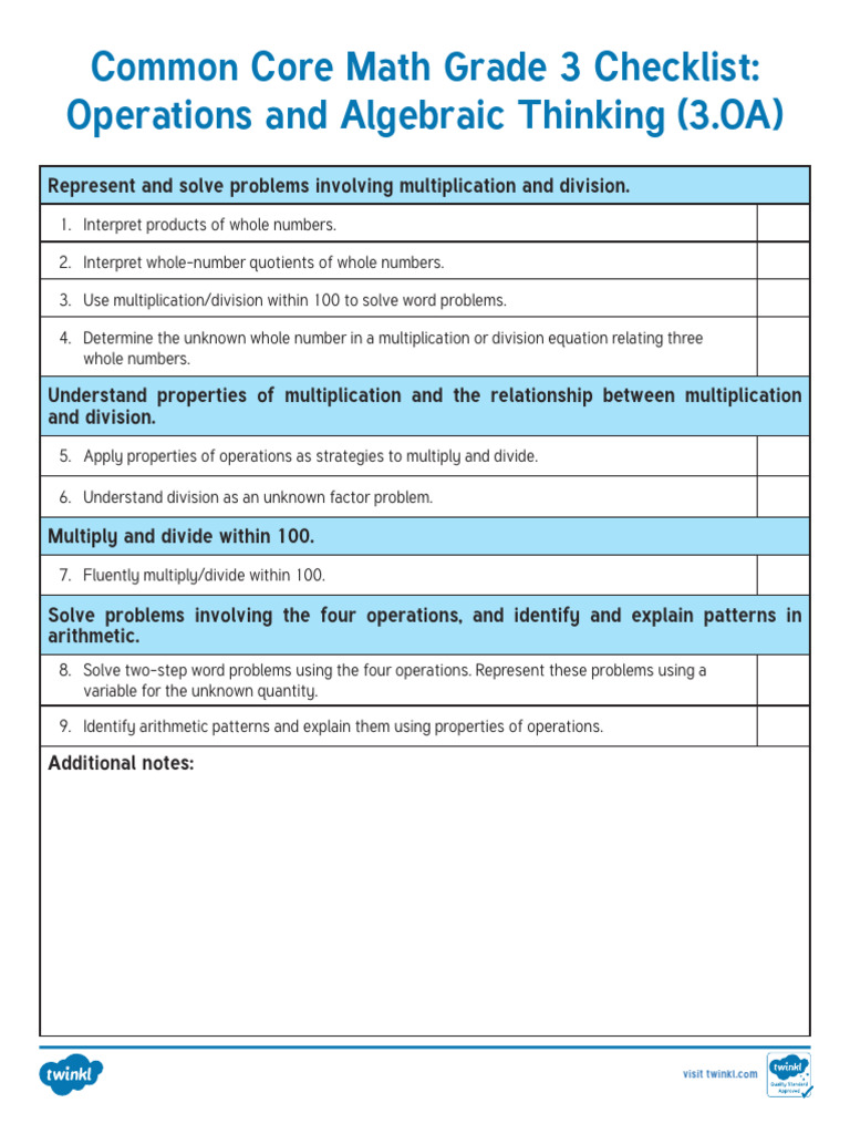 Grade 3 Common Core Math Checklist | PDF | Area | Numbers