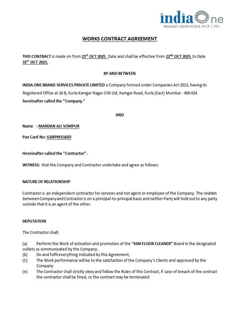 Works Contract Agreement: Hereinafter Called The 