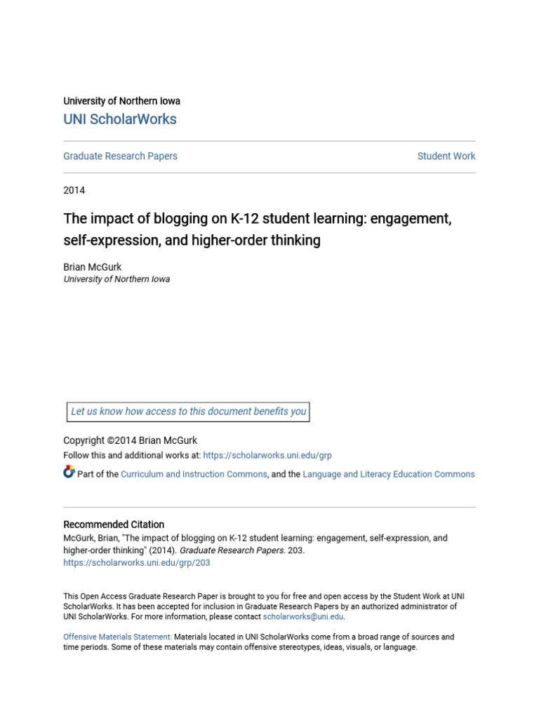 The Impact of Blogging On K-12 Student Learning - Engagement Self | PDF ...