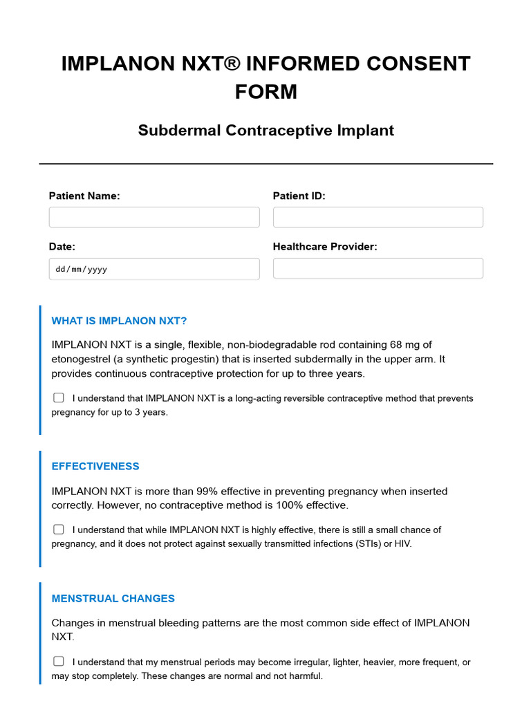 Implanon NXT Consent Form | PDF | Medical Specialties | Clinical Medicine
