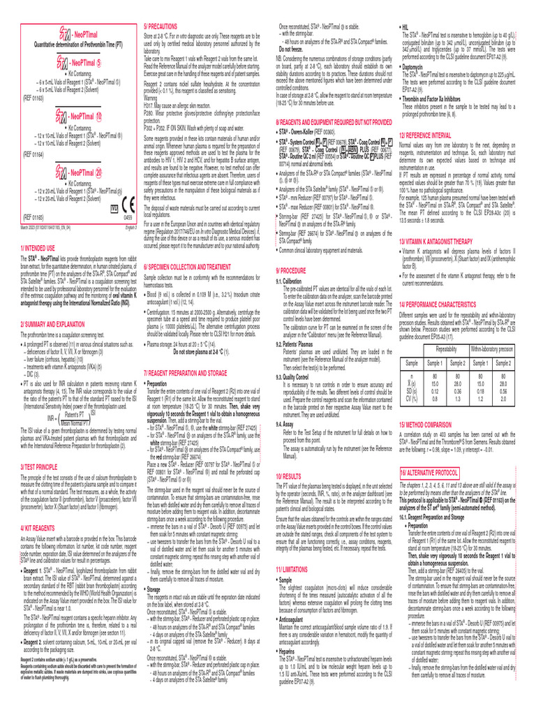 STA® - NeoPTimal Prothrombin Test Guide | PDF | Medical Specialties