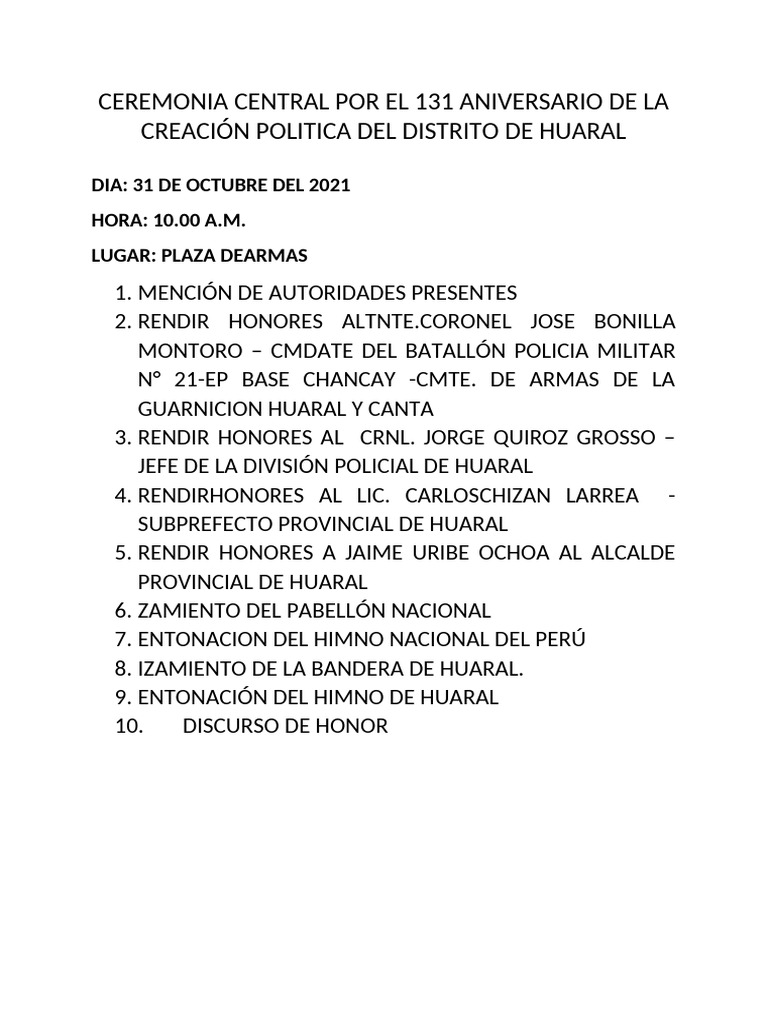 Ceremonia por el 131 Aniversario de Huaral | PDF