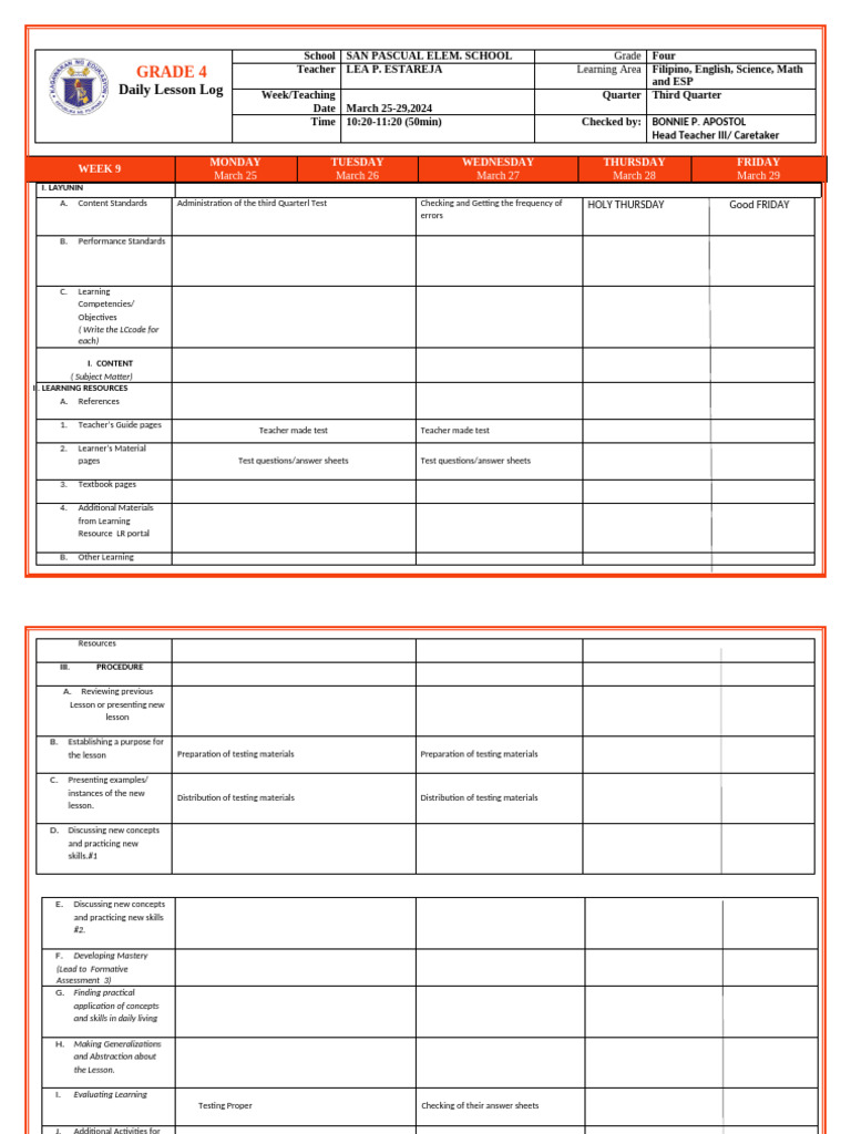 Grade 4 Daily Lesson Log: Week 9 | PDF | Teachers | Learning