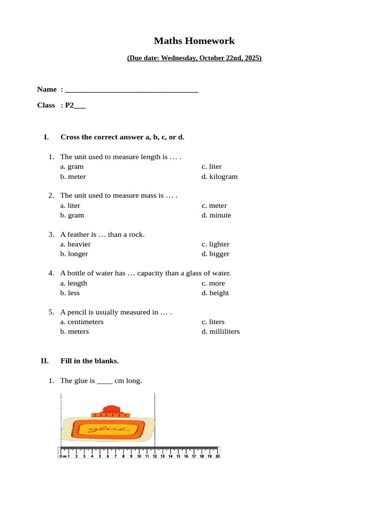 Maths Homework for P2 Students | PDF