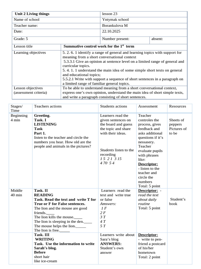 Grade 5 Living Things Lesson Plan | PDF | Vocabulary | Linguistics