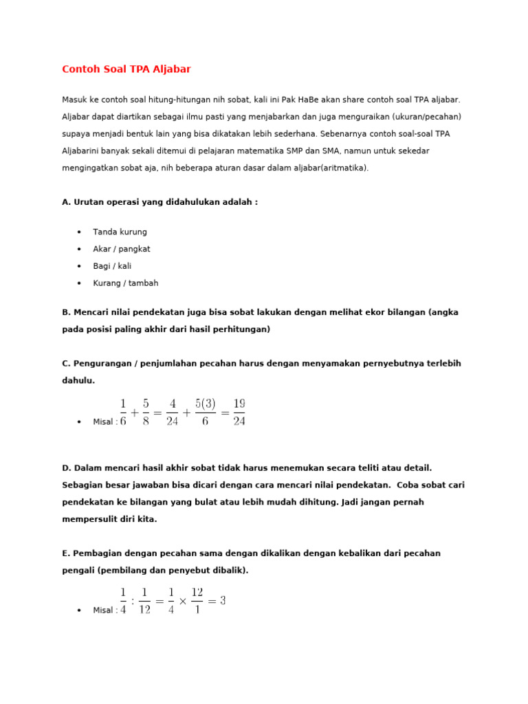 Contoh Soal TPA Aljabar Lengkap | PDF