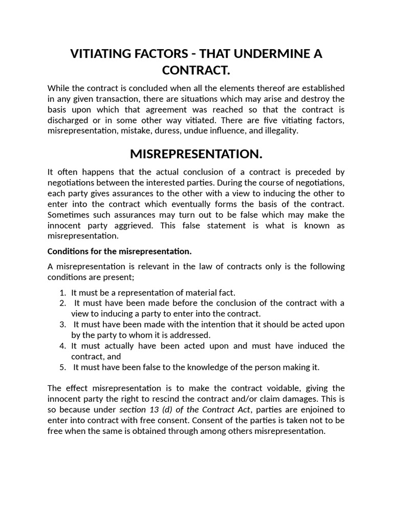 Vitiating Factors in Contract Law | PDF | Misrepresentation | Business Law