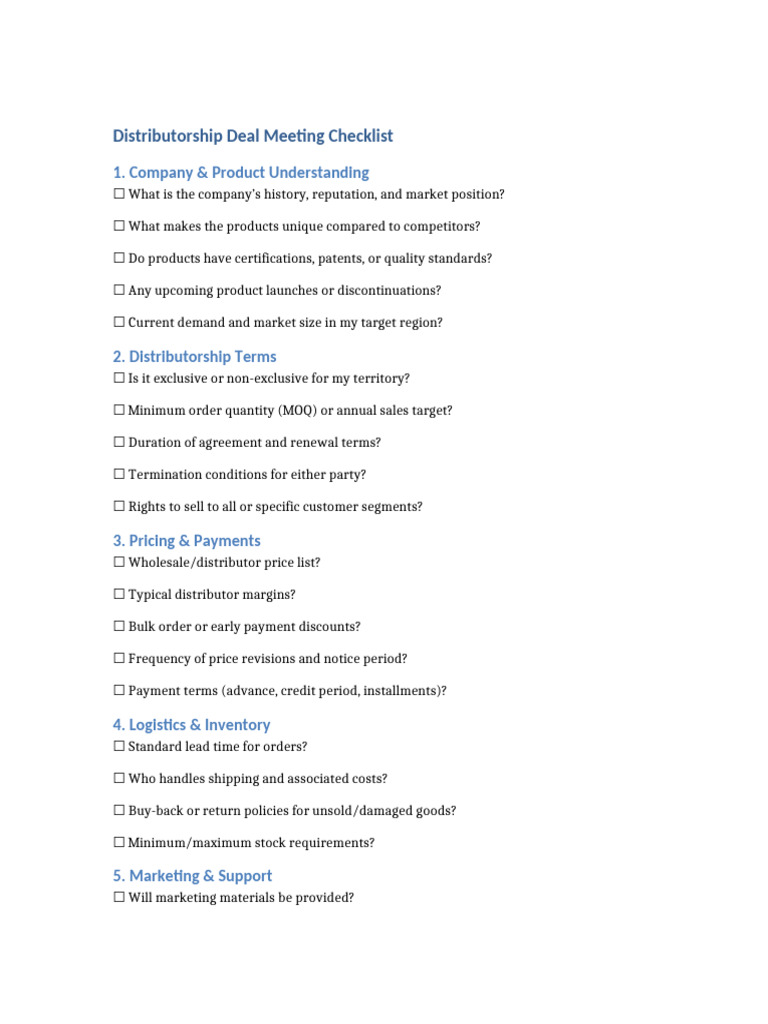 Distributorship Deal Meeting Checklist | PDF