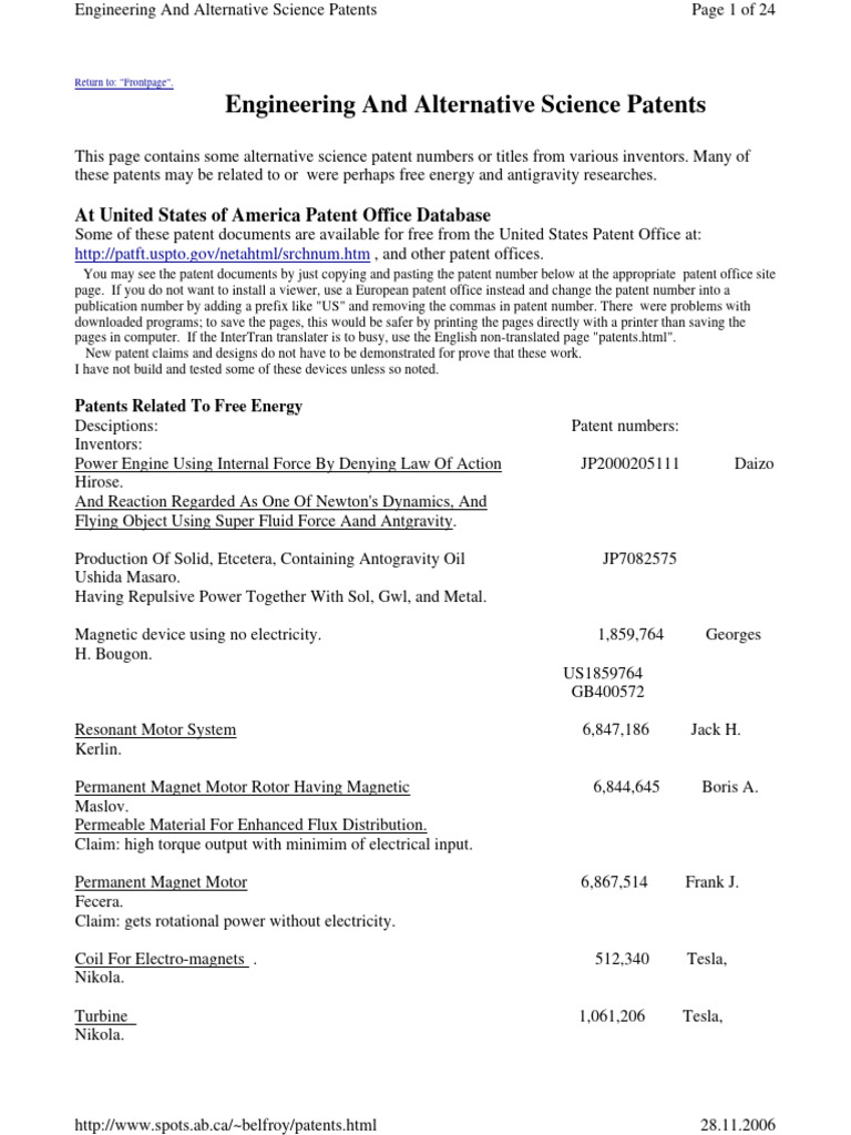 Alternative Science Patents List | PDF | Electric Generator | Carburetor