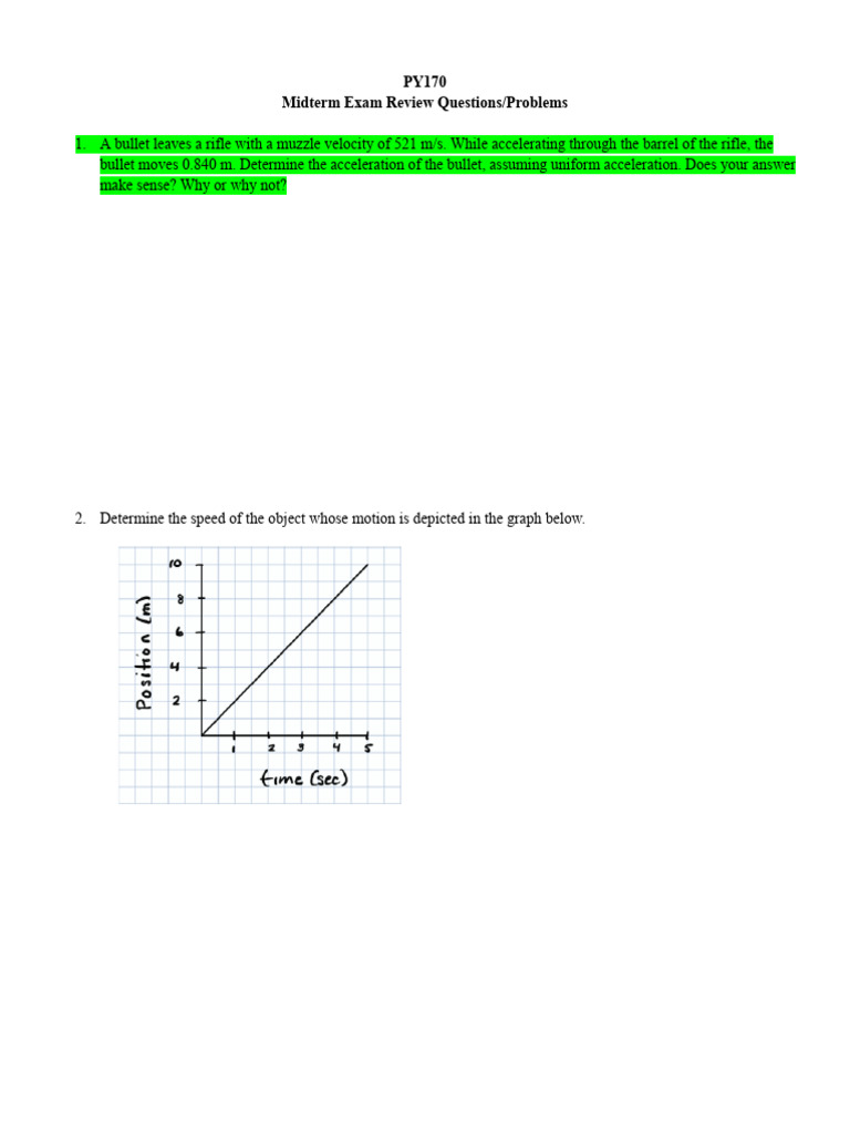 Physics Midterm Exam Review Questions | PDF | Velocity | Acceleration