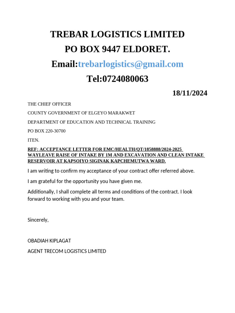 Acceptance Letter for Wayleave Contract | PDF