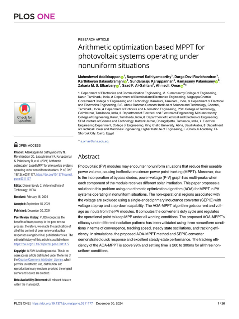 AOA-MPPT for PV Systems Optimization | PDF | Photovoltaics | Electrical ...