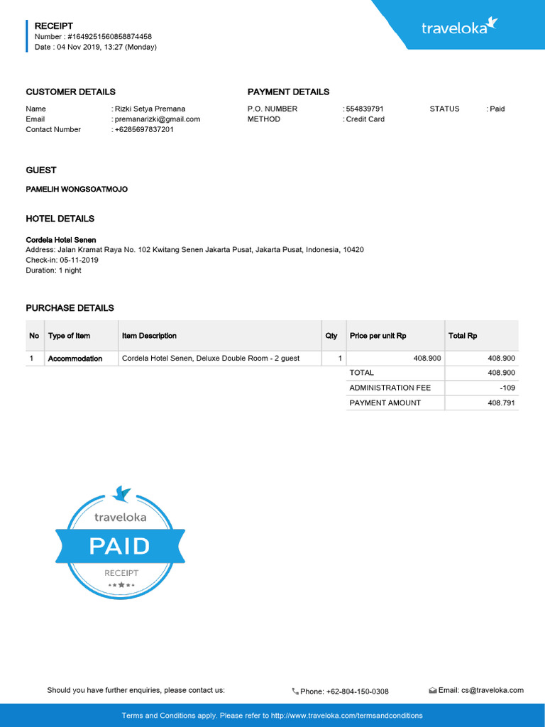 Hotel Booking Receipt for Cordela Hotel | PDF