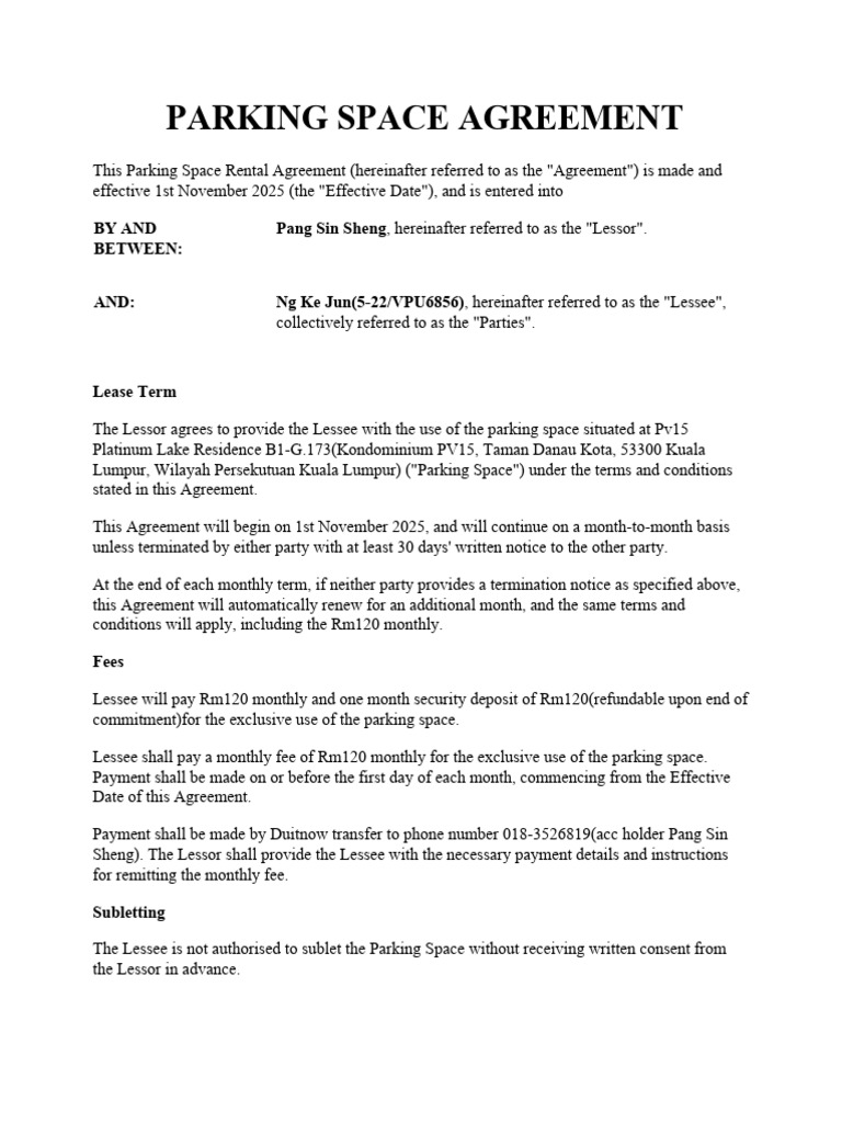 Parking Space Agreement (Pv15 B1-G.173) | PDF | Lease | Civil Law ...