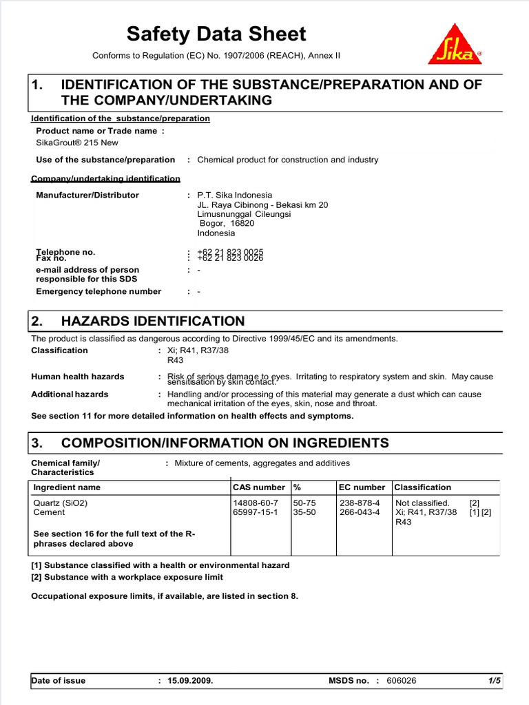 SikaGrout 215 New MSDS Overview | PDF | Occupational Safety And Health ...