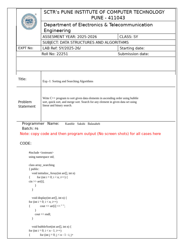 Data Structures: Sorting & Searching Lab | PDF | Software Engineering ...