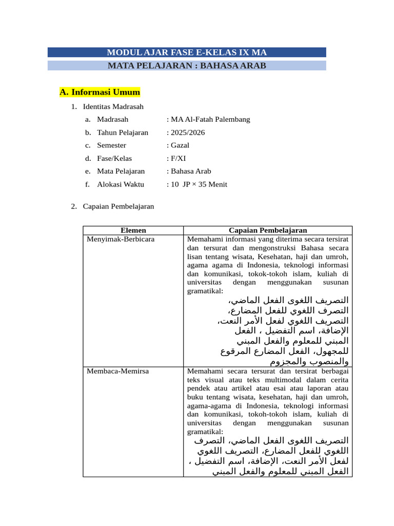 Modul Ajar Bahasa Arab Kelas IX MA | PDF