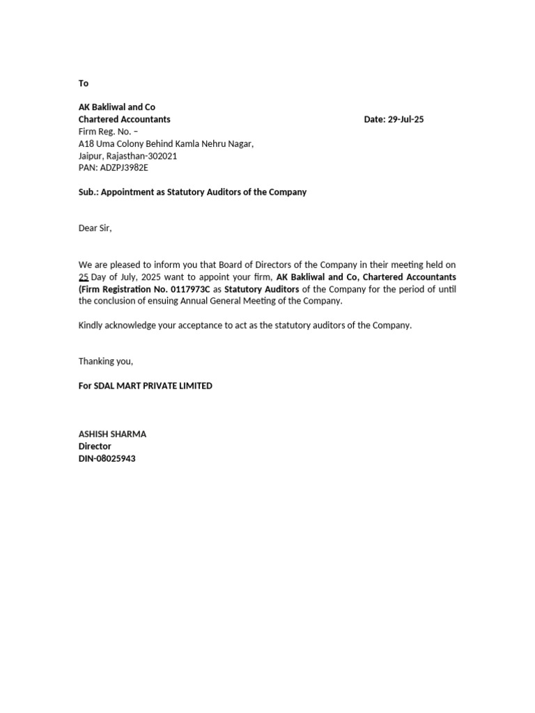 Appointment of Statutory Auditors Notice | PDF