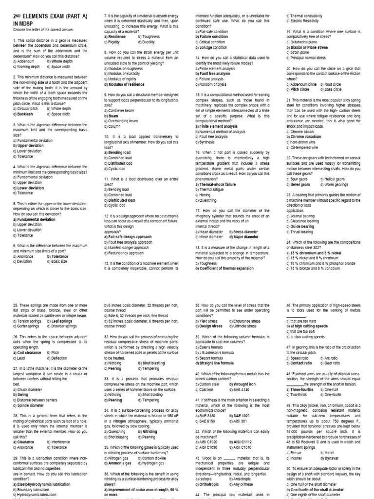 Mdsp - 2nd Elements Exam (Part a) Answer Key | PDF | Gear | Steel