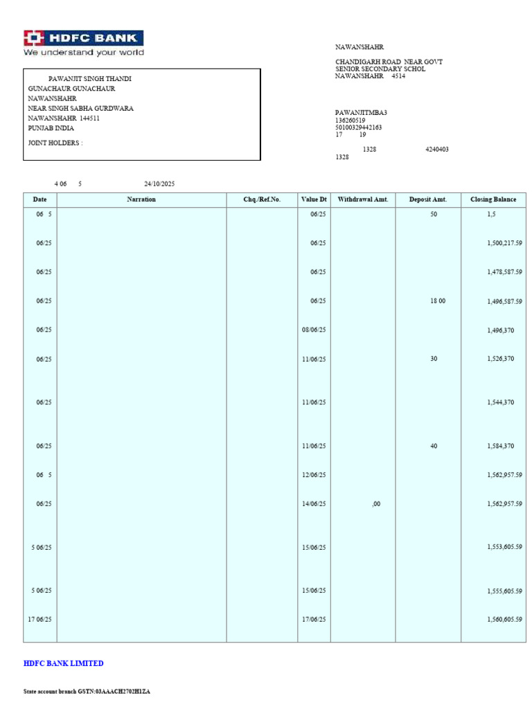 HDFC Bank Account Statement Summary | PDF | Service Industries ...