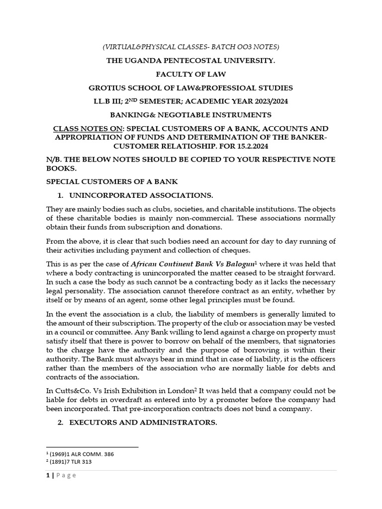 Class Notes - Banking & Negotiable Instruments (Batch 003) For 15.2. ...
