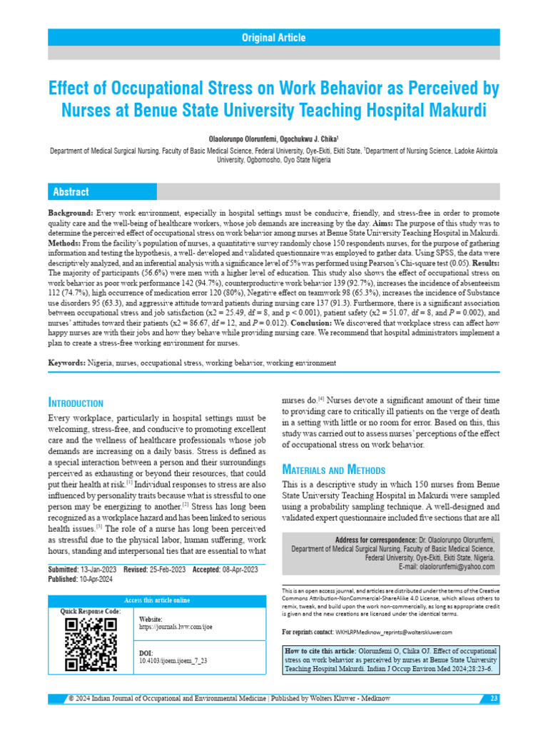 Effect of Occupational Stress On Work Behavior As Perceived by Nurses ...