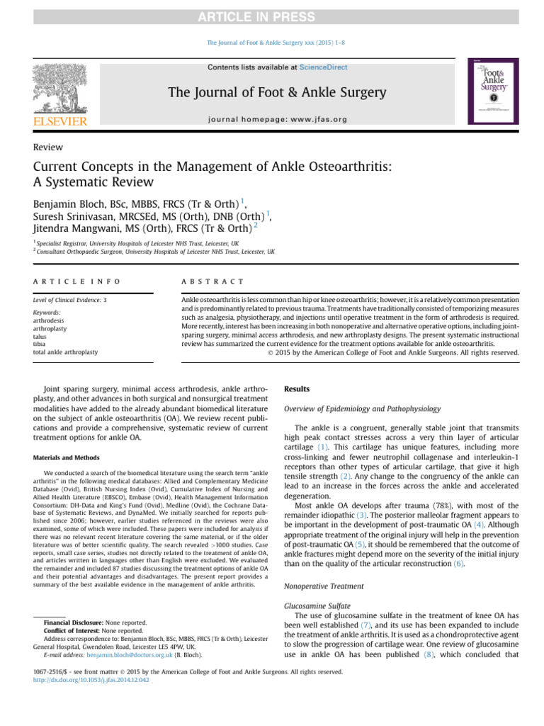 Current Concepts in The Management of Ankle Osteoarthritis - A ...